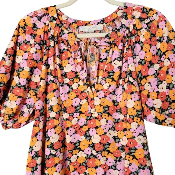 LOFT Petites Womens Floral Peasant Puff Sleeve Cottagecore Front Tie Work Top LP - Picture 3 of 9